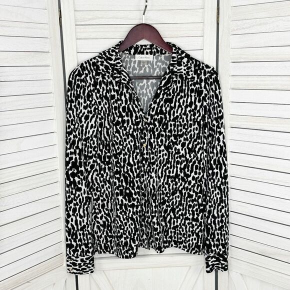 Calvin Klein Animal Print Button Front Shirt Blouse Black White XS - Picture 8 of 13